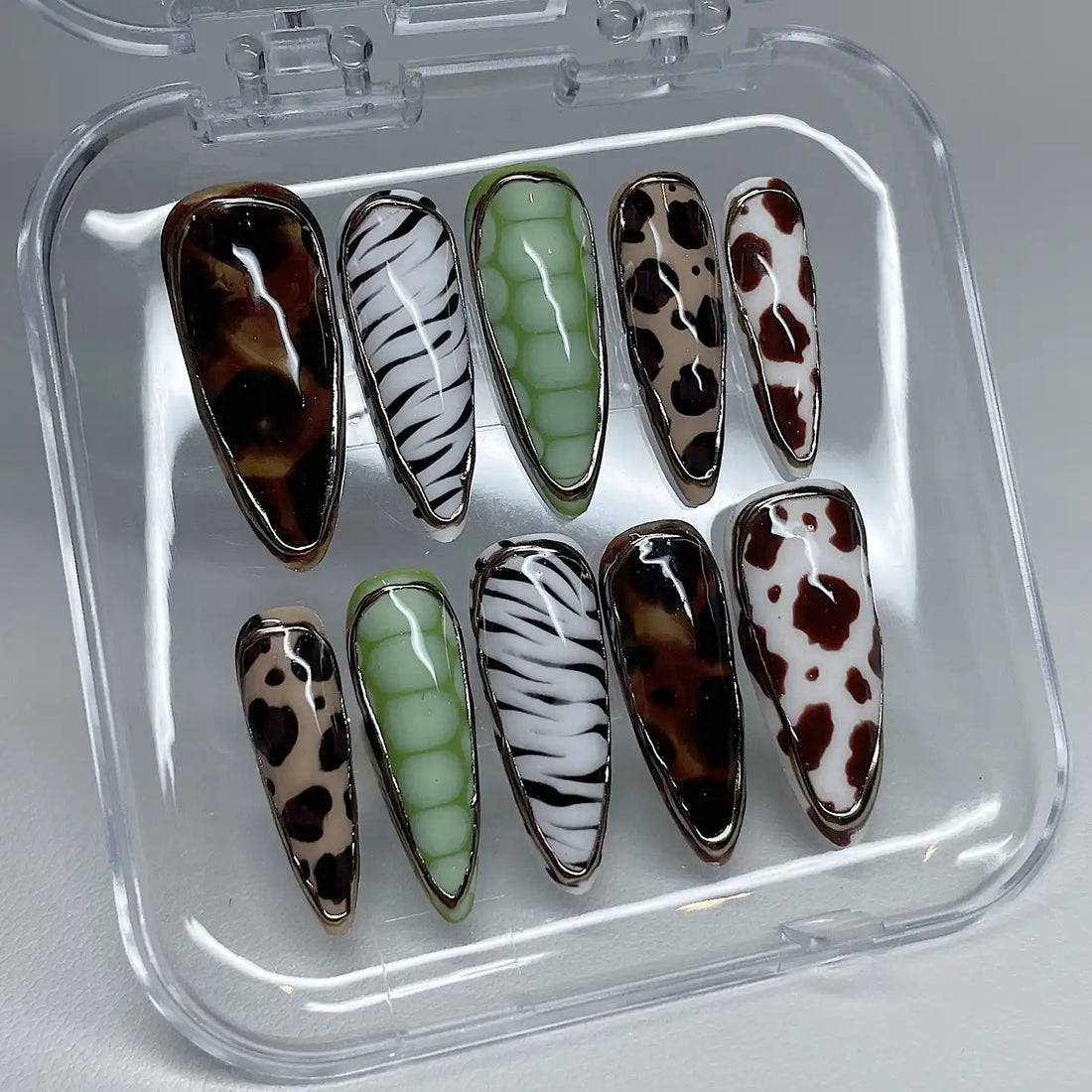 Handmade Mixed Animal Print Tortoise Cow Zebra Reptile Funky Press on Nails X70
