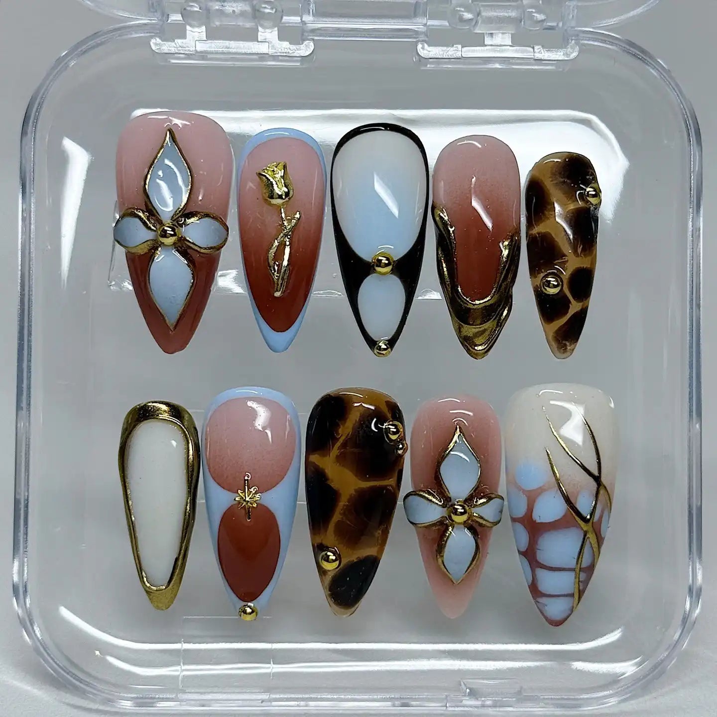 Handmade Brown Giraffe Abstract Rose Gold Chrome Bling Press on Nails X98