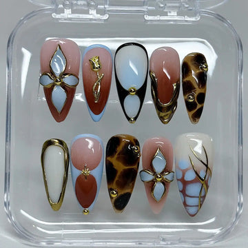 Handmade Brown Giraffe Abstract Rose Gold Chrome Bling Press on Nails X98