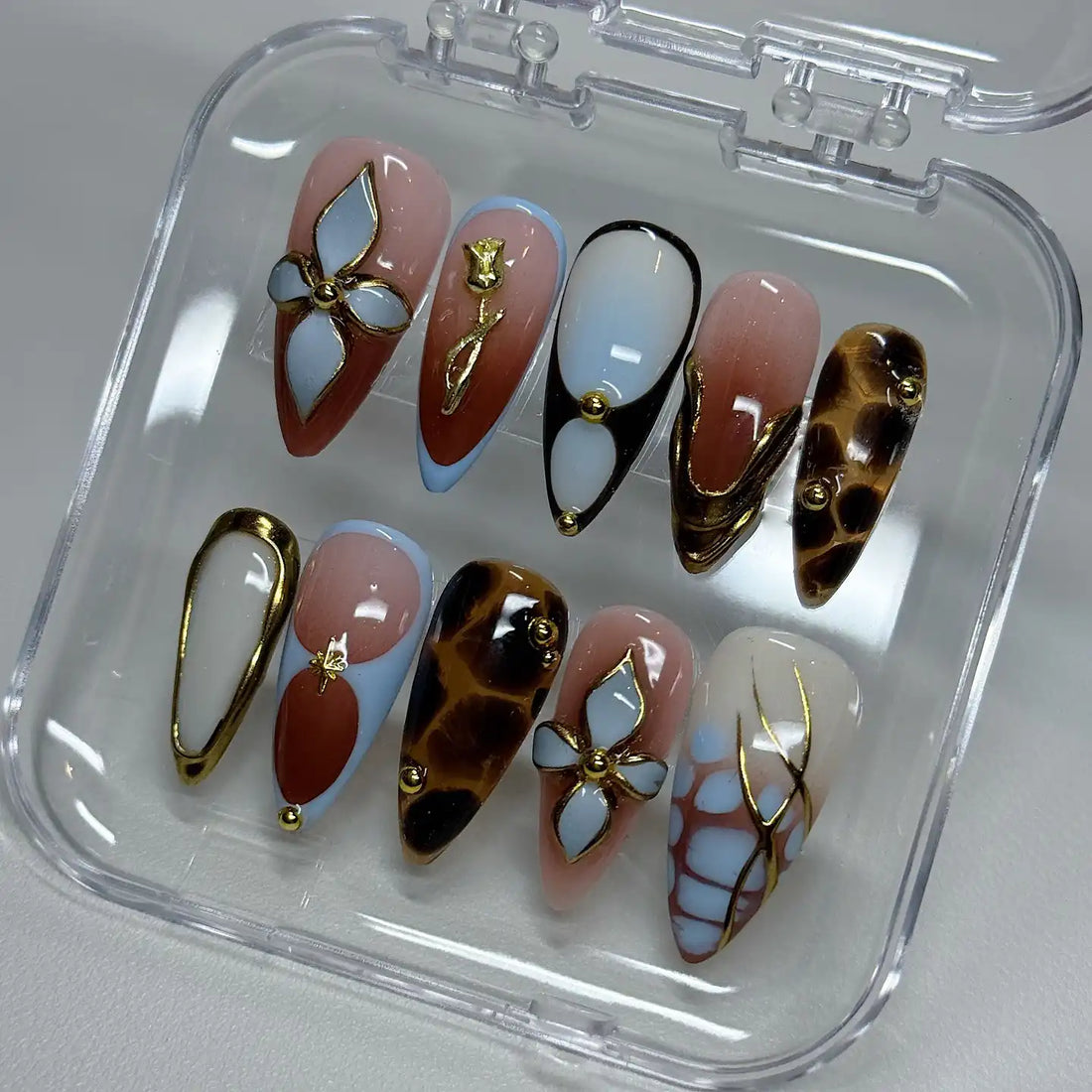 Handmade Brown Giraffe Abstract Rose Gold Chrome Bling Press on Nails X98