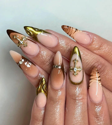 Handmade Mocha Brown Gold Glitter Chrome Cross Bling Ombre Press on Nails H28