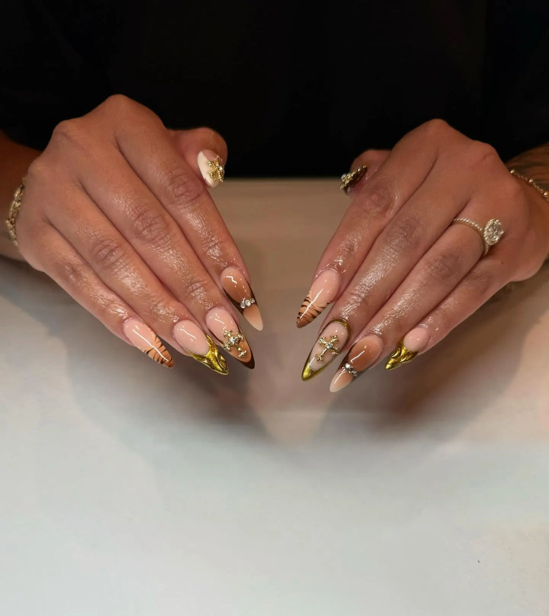 Handmade Mocha Brown Gold Glitter Chrome Cross Bling Ombre Press on Nails H28