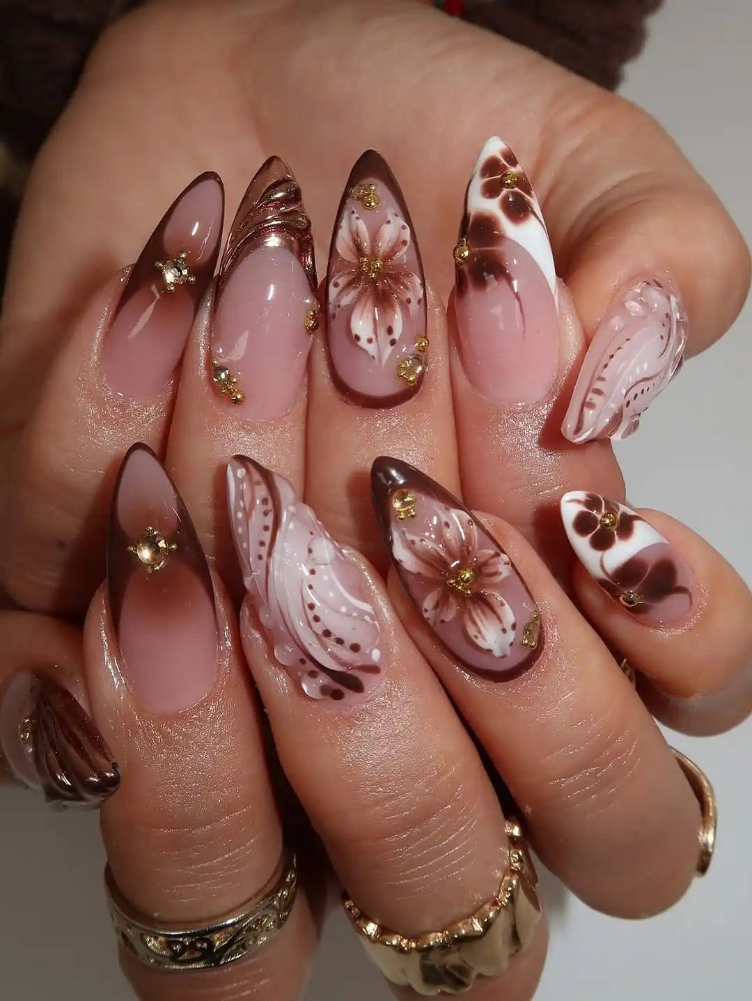 Handmade Latte Brown Ombre Polka Dot 3D Flower Chic Press on Nails U39