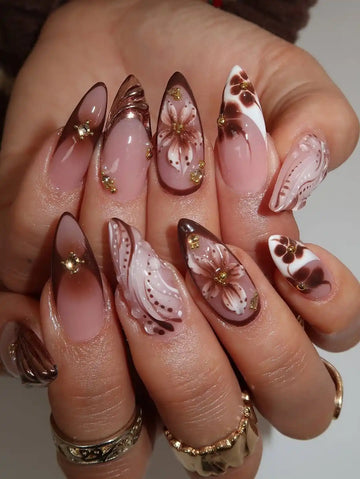 Handmade Latte Brown Ombre Polka Dot 3D Flower Chic Press on Nails U39