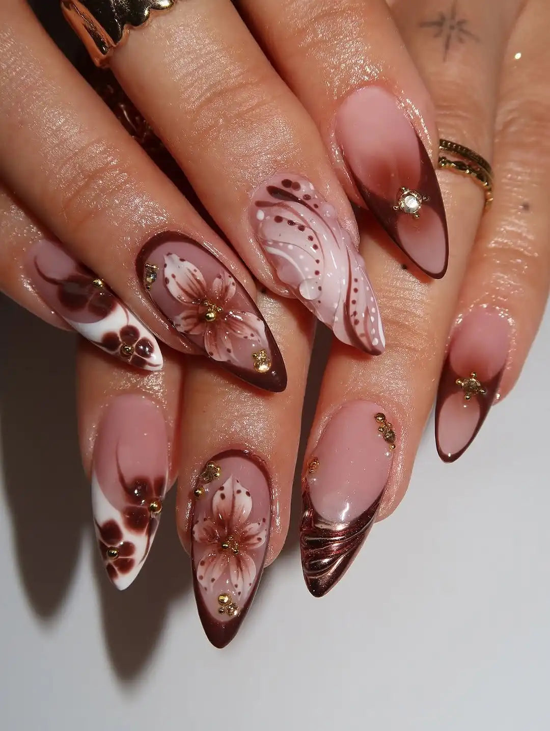 Handmade Latte Brown Ombre Polka Dot 3D Flower Chic Press on Nails U39