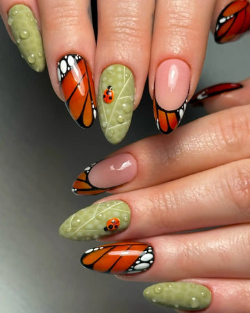 Handmade Monarch Butterfly Leaf Ladybug 3D Nature Garden Press on Nails E36