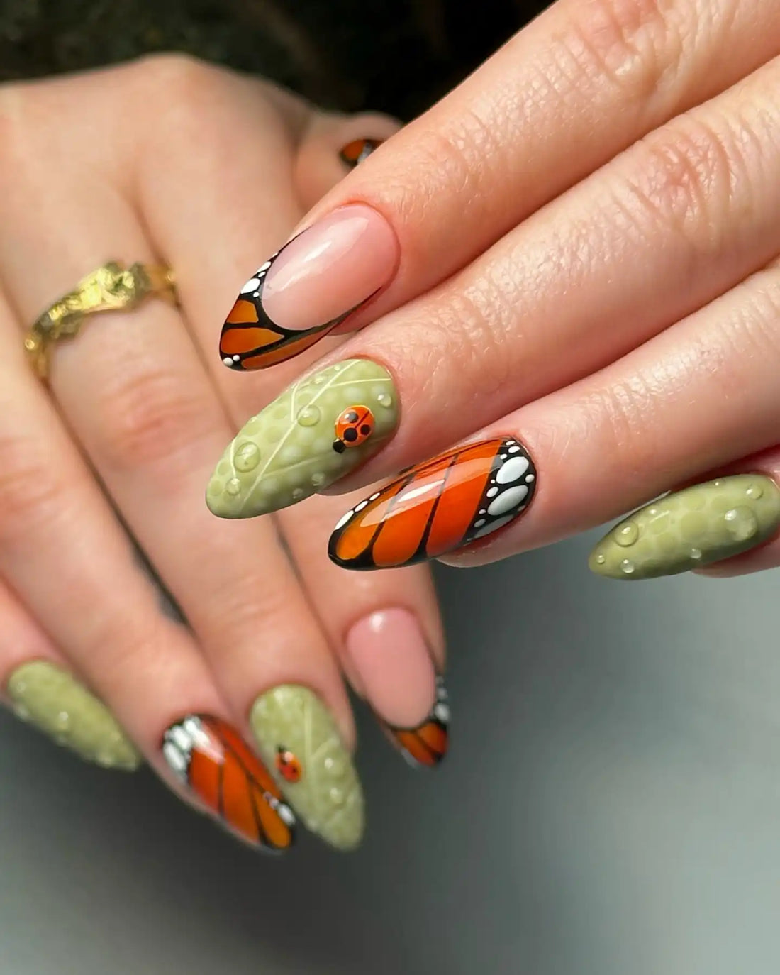 Handmade Monarch Butterfly Leaf Ladybug 3D Nature Garden Press on Nails E36