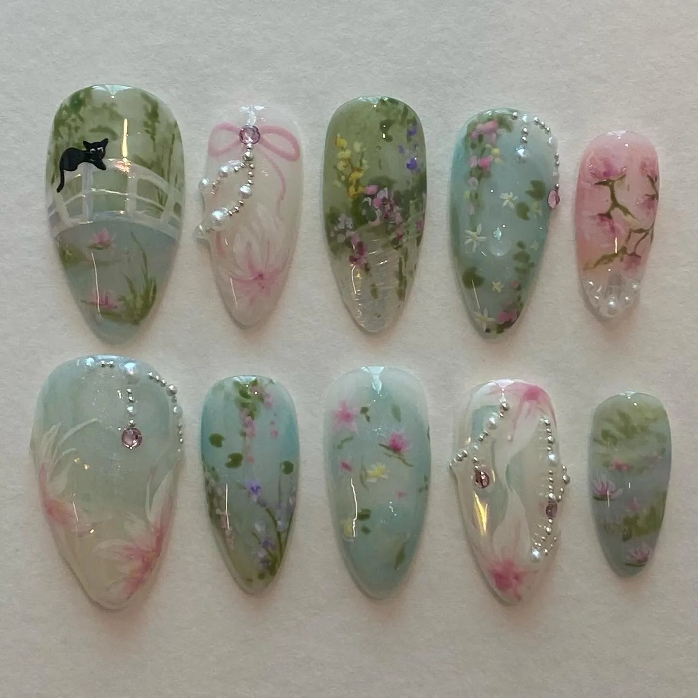 Handmade Monet Garden Cat Water Lily Floral Fairy Press on Nails Y27