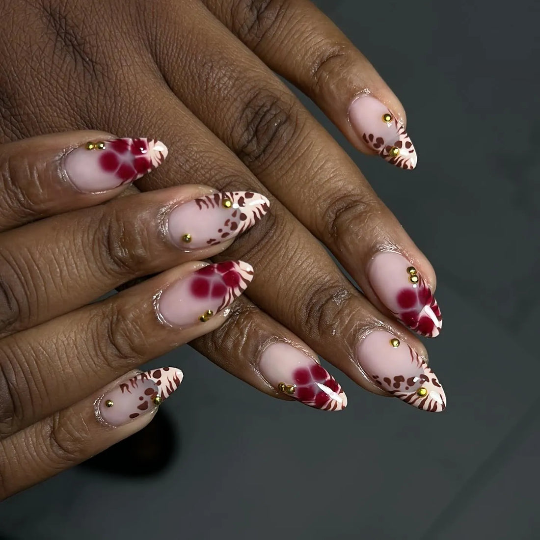 Handmade Red Floral Leopard Spot Luxury Press on Nails A69