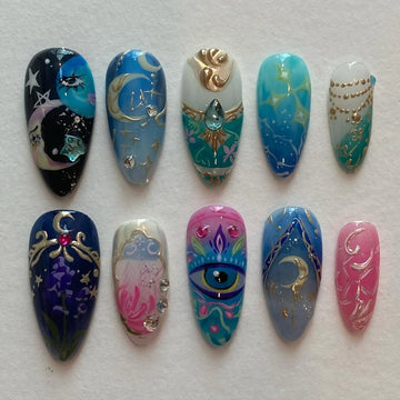 Handmade Mystic Celestial Eye Blue Gold Fantasy Tarot Witchy Press on Nails A52
