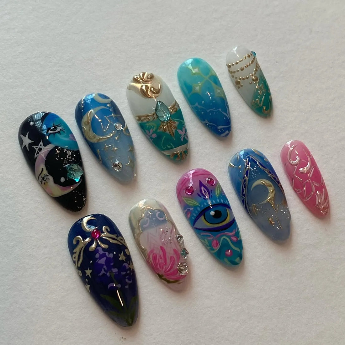 Handmade Mystic Celestial Eye Blue Gold Fantasy Tarot Witchy Press on Nails A52