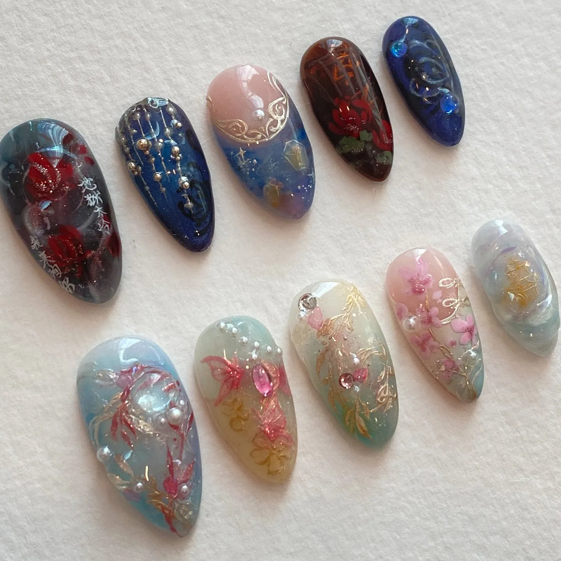 Handmade Mystic Dark Floral Pearl Light Blossom Crystal Elegant Press on Nails Z61