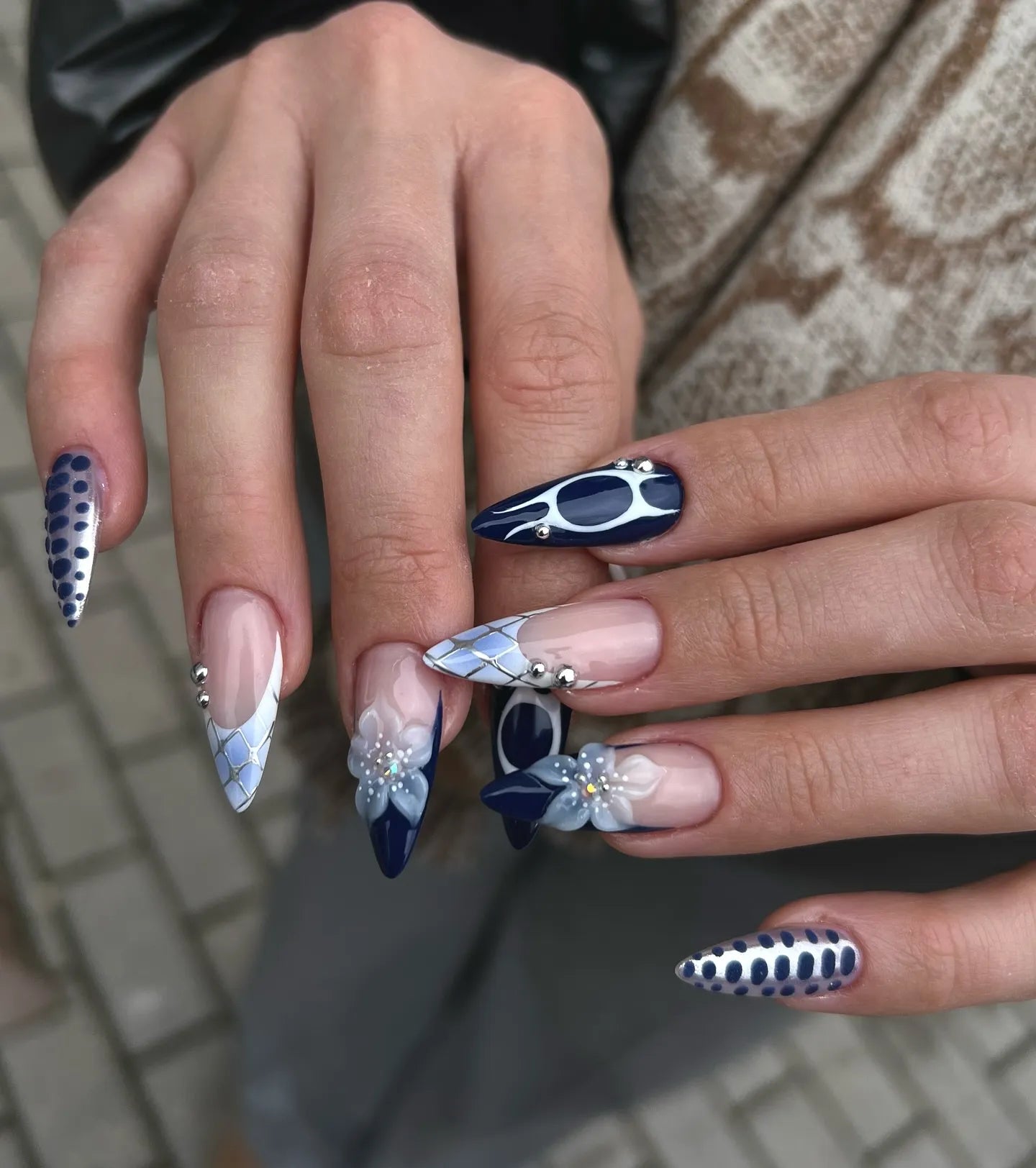 Handmade Navy Blue White Silver Floral Marble Abstract Press on Nails W21