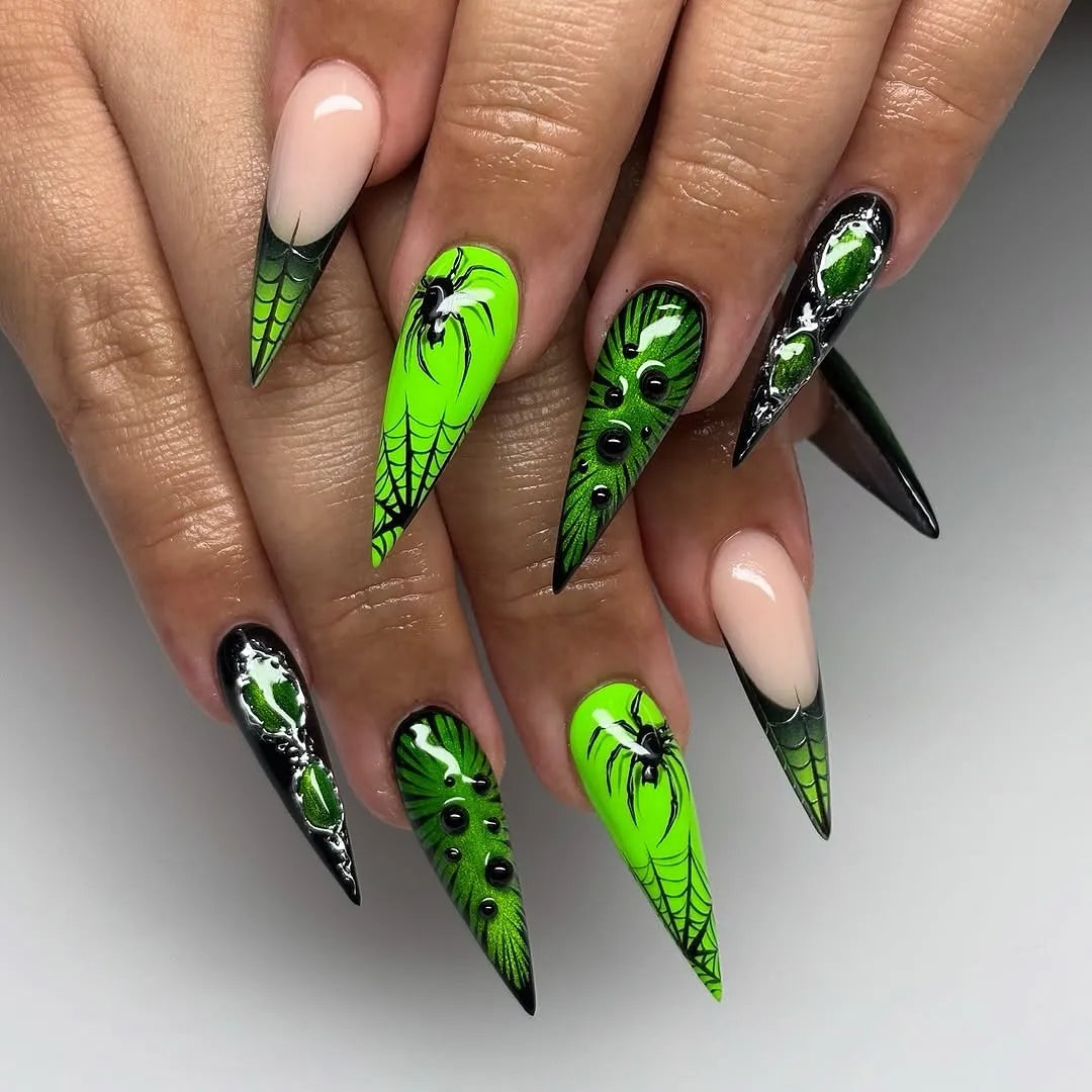 Handmade Neon Green Black Spider Web 3D Water Drop Goth Press on Nails W34