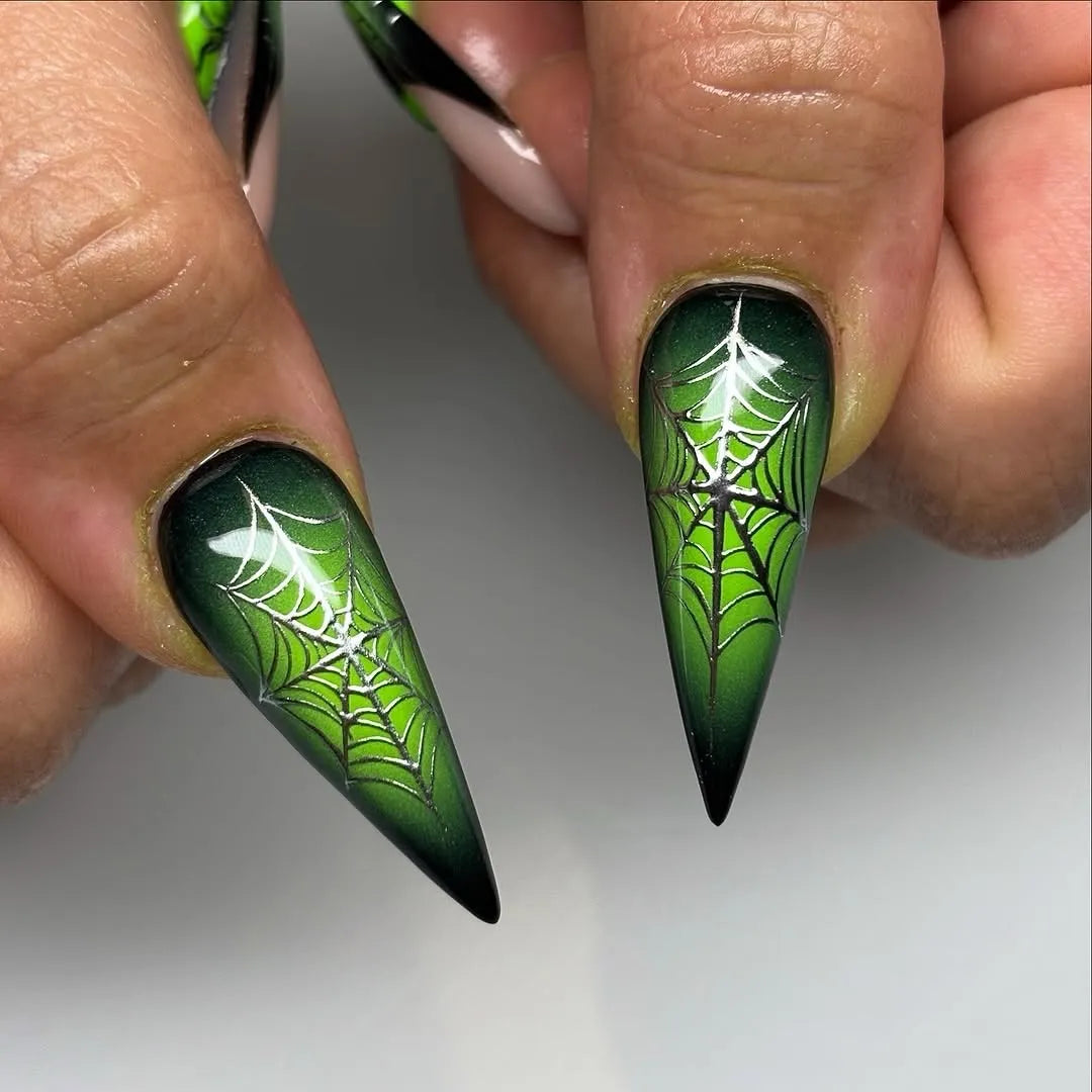 Handmade Neon Green Black Spider Web 3D Water Drop Goth Press on Nails W34