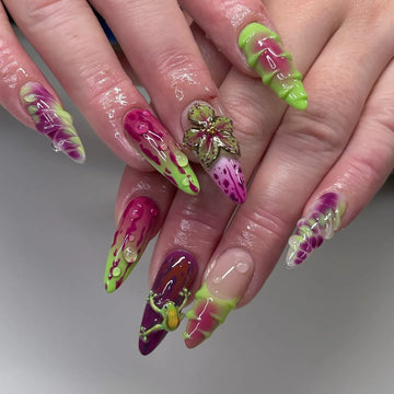 Handmade Neon Green Pink Purple Dripping Frog Abstract Edgy Press on Nails Y17