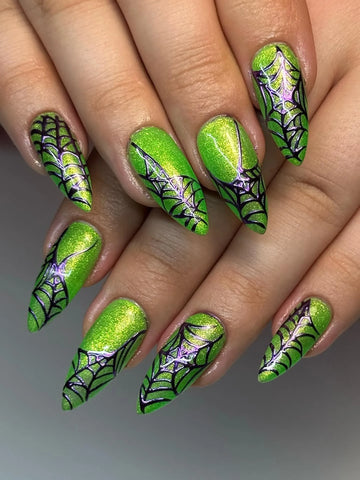 Handmade Neon Lime Green Magnetic Cat Eye Purple Spiderweb Press on Nails QB2