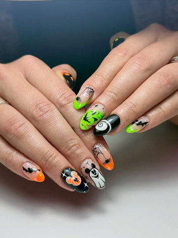 Handmade Neon Lime Green Orange Mouse Ear Pumpkin Ghost Spiral Hill Press on Nails QE9