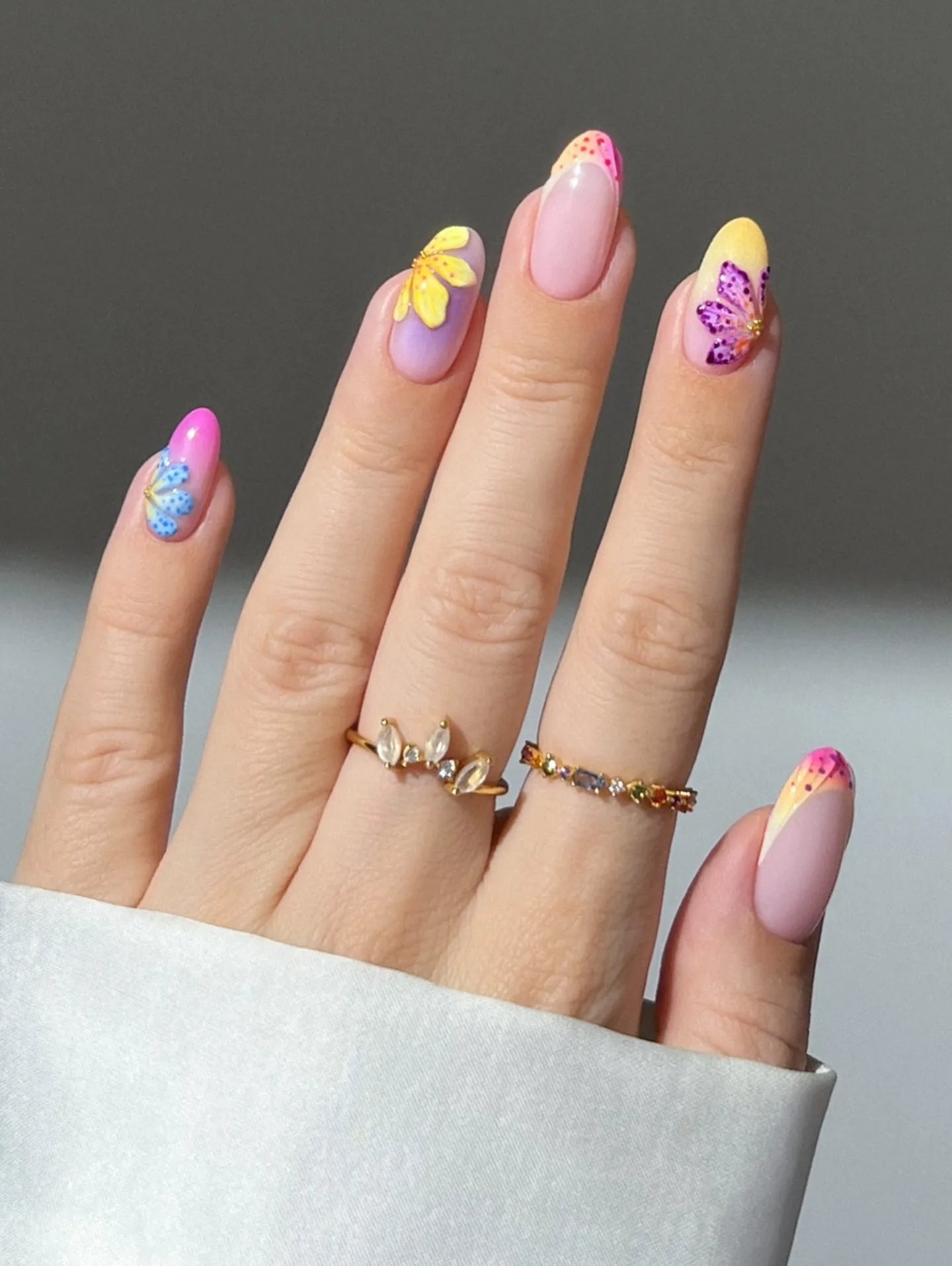 Handmade Neon Ombre Summer Floral French Tip Vacation Press on Nails F42
