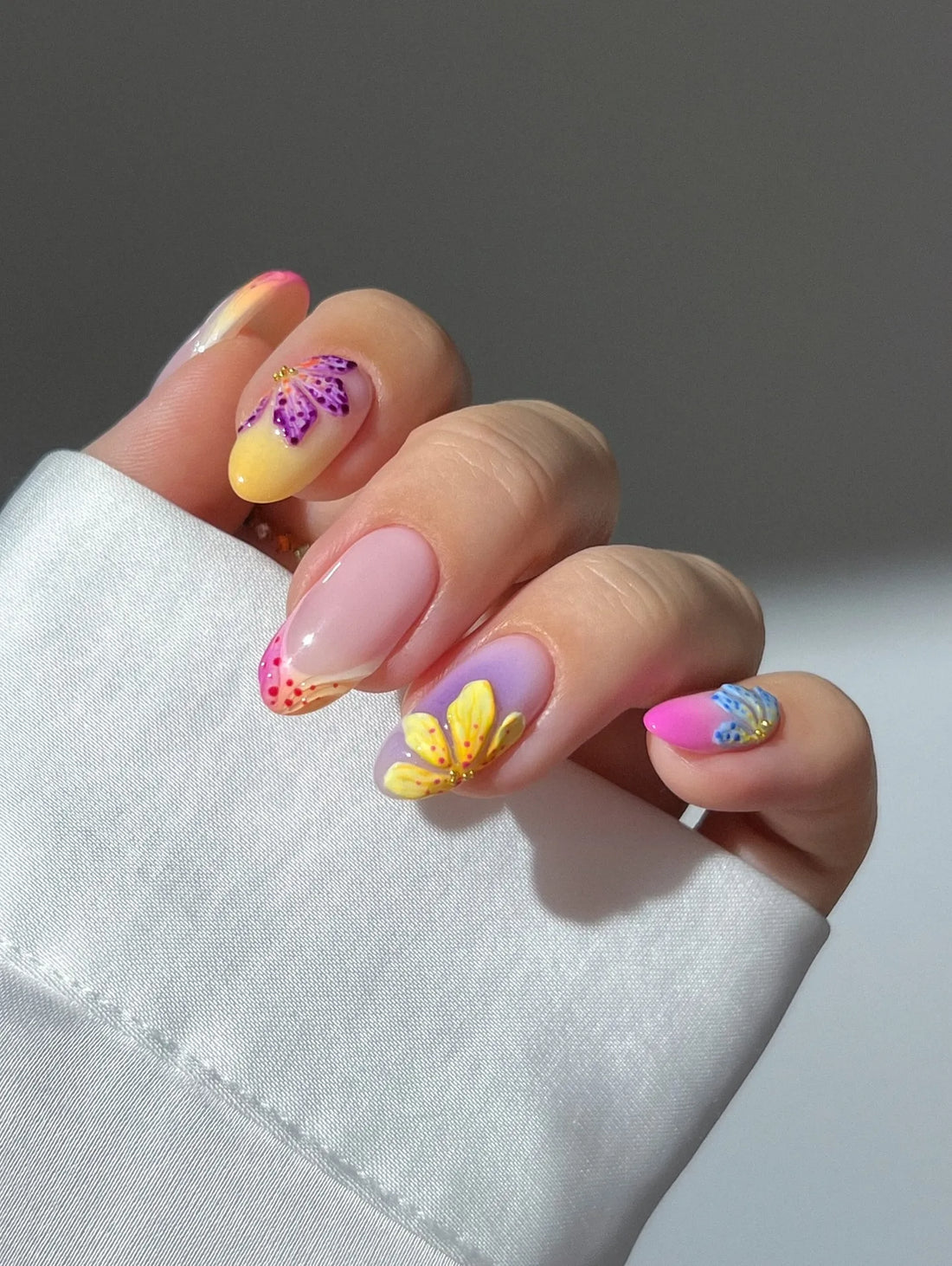 Handmade Neon Ombre Summer Floral French Tip Vacation Press on Nails F42
