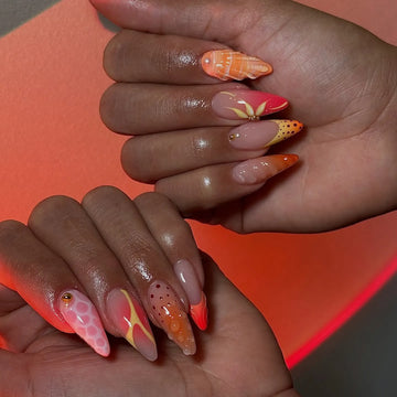 Handmade Neon Orange Pink Butterfly Abstract Summer Press on Nails C72