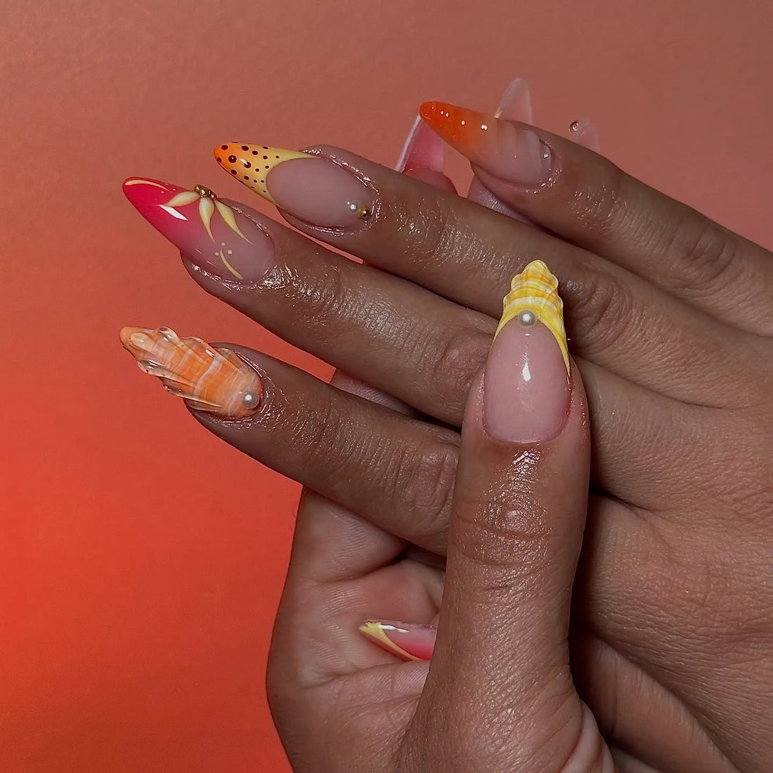 Handmade Neon Orange Pink Butterfly Abstract Summer Press on Nails C72