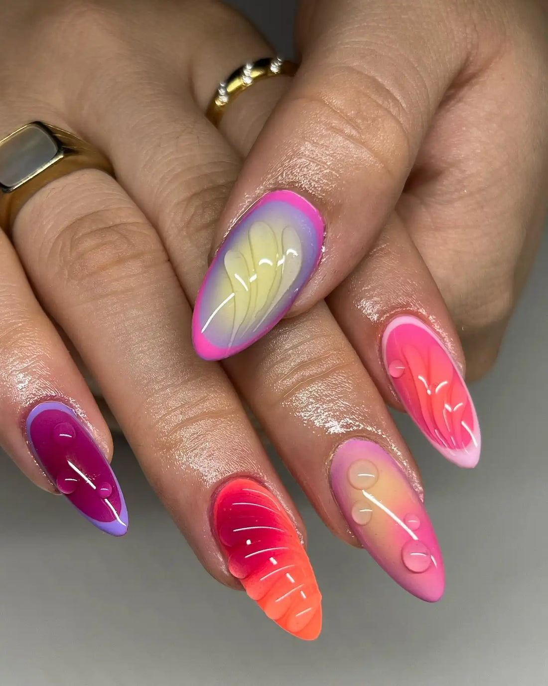 Handmade Neon Pink Orange Gradient 3D Summer Beach Press on Nails V02