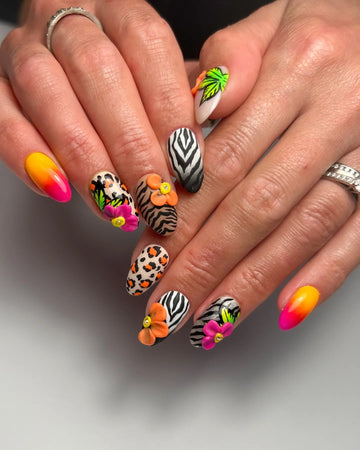 Handmade Neon Tropical Safari Leopard Zebra Print 3D Floral Press on Nails F13