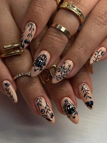 Handmade Nude Base Black Gothic Ghost Vintage Floral Halloween Press on Nails PS4