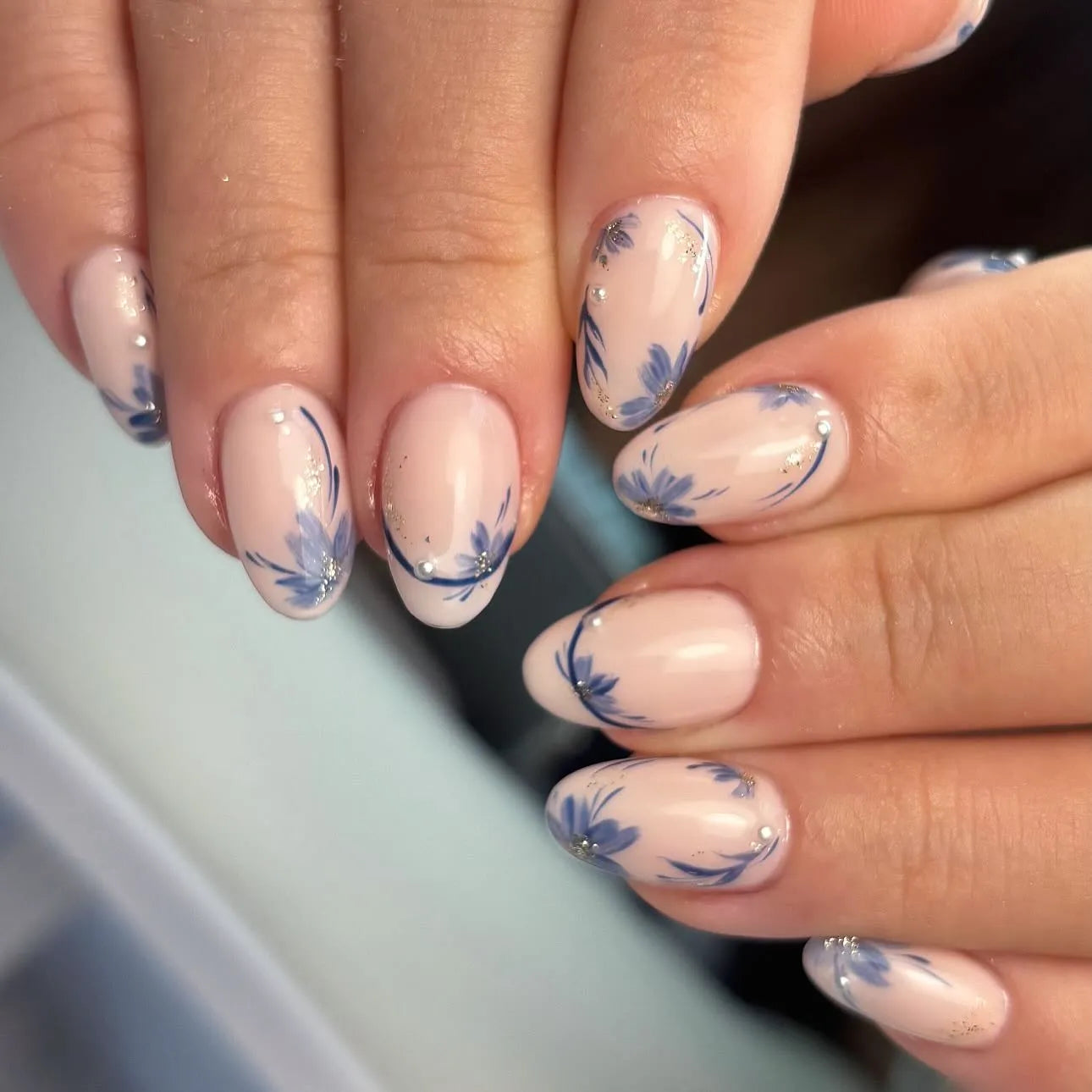 Handmade Nude Blue Floral Minimalist Wedding Spring Press on Nails Q57