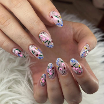 Handmade Garden Meadow Pink Flower Art Press on Nails R63