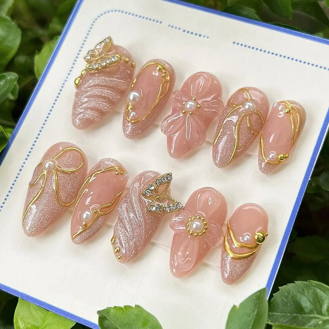 Handmade Nude Glitter Butterfly Pearl Gold Elegant Press on Nails Q99