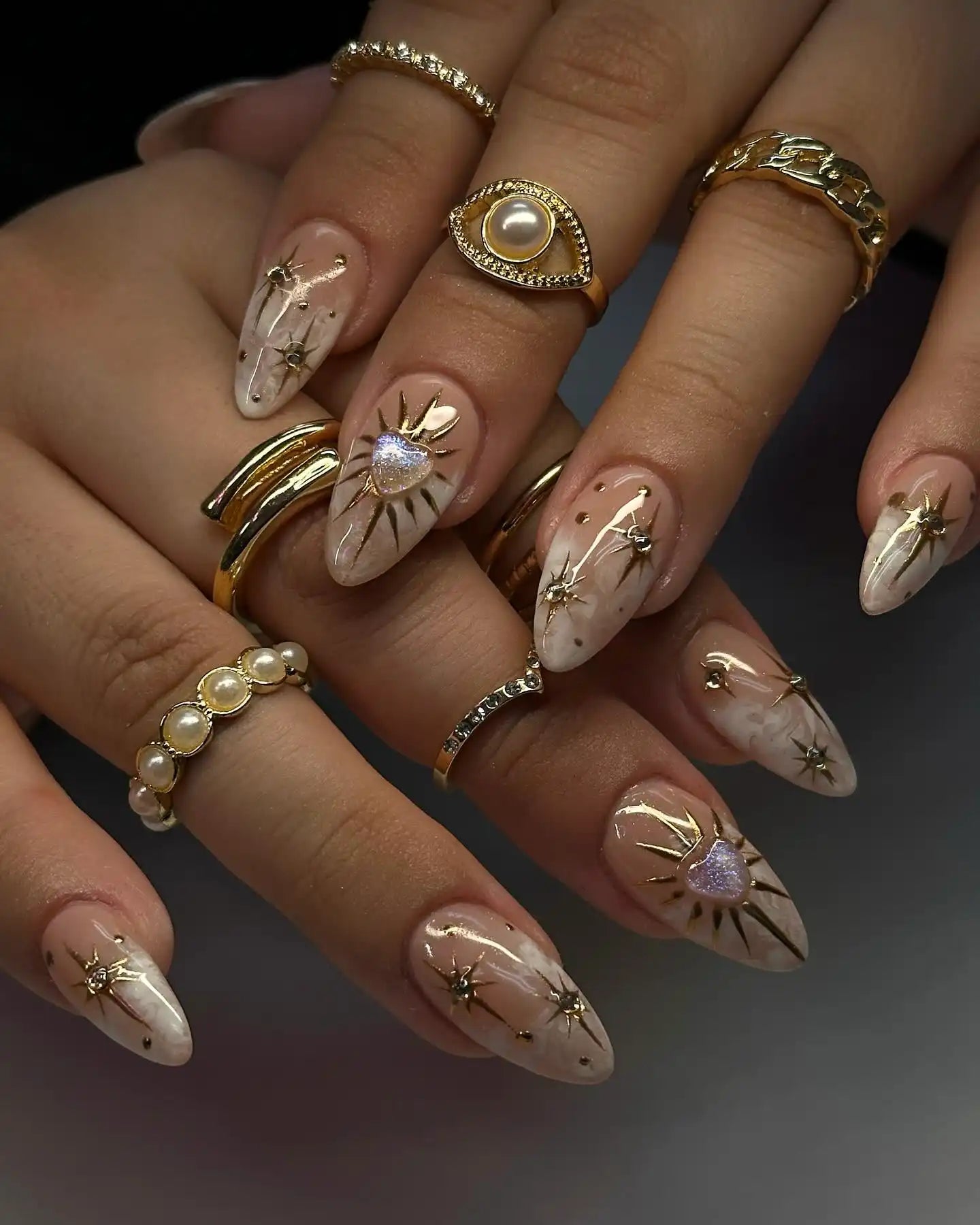 Handmade Nude Gold Celestial Heart Charm Soft Smoke Art Press on Nails P03