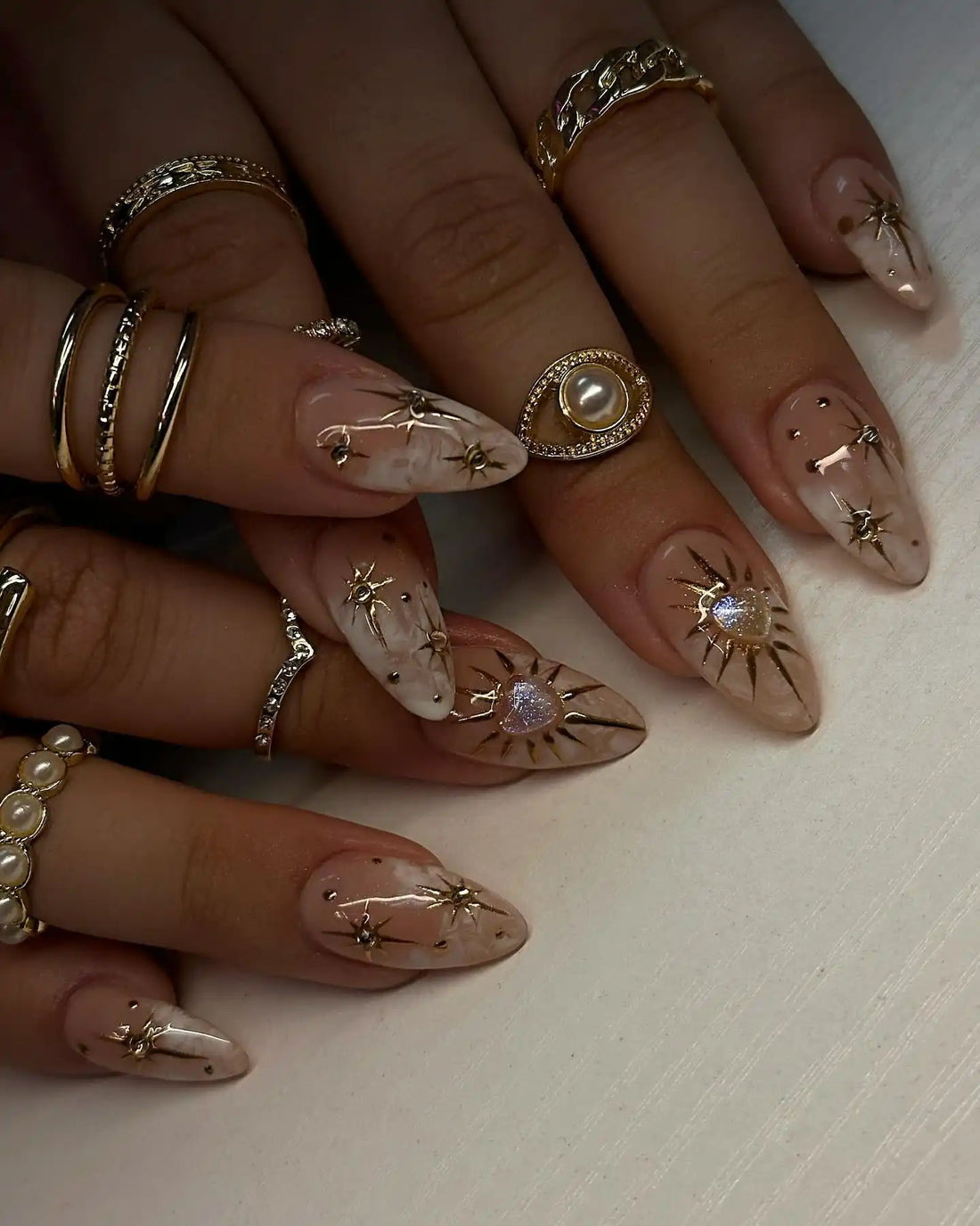 Handmade Nude Gold Celestial Heart Charm Soft Smoke Art Press on Nails P03