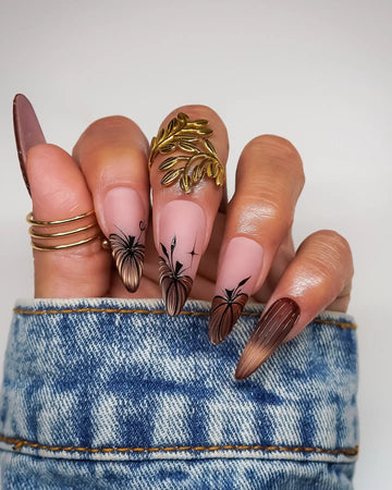 Handmade Nude Metallic Bronze Chrome Pumpkin Line Art Press on Nails QD2