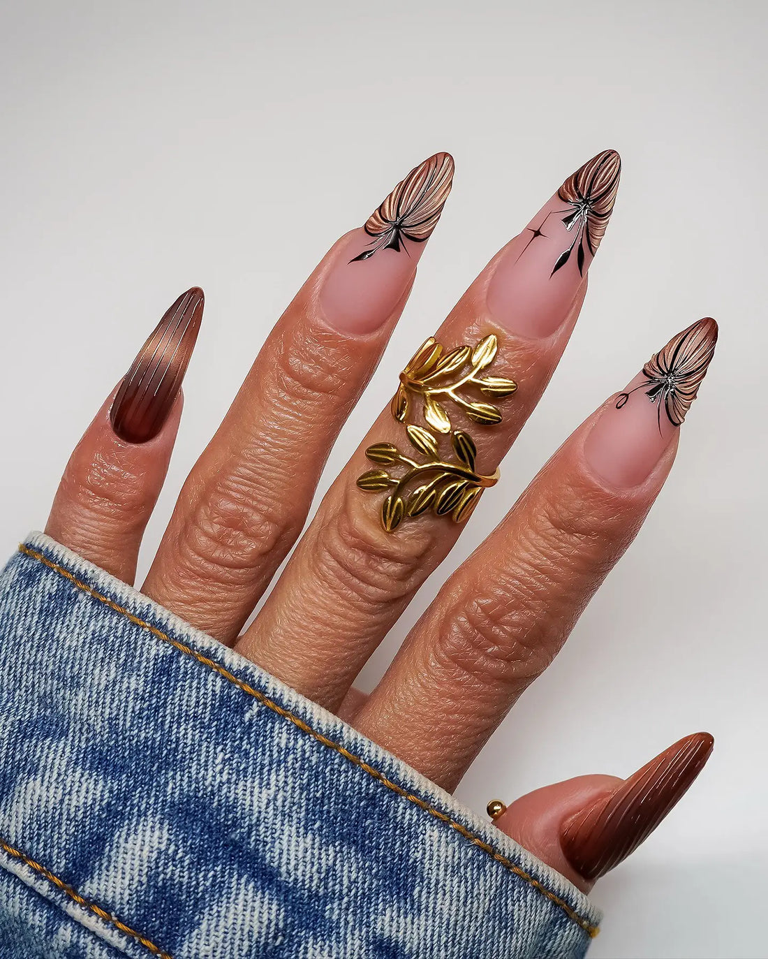 Handmade Nude Metallic Bronze Chrome Pumpkin Line Art Press on Nails QD2