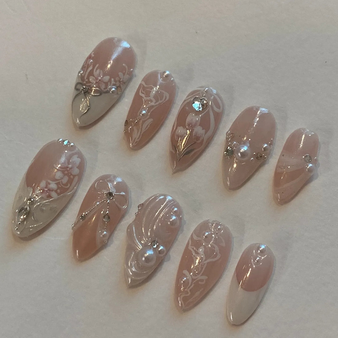 Handmade Nude Pink White French Tulip Pearl Bridal Wedding Press on Nails G57