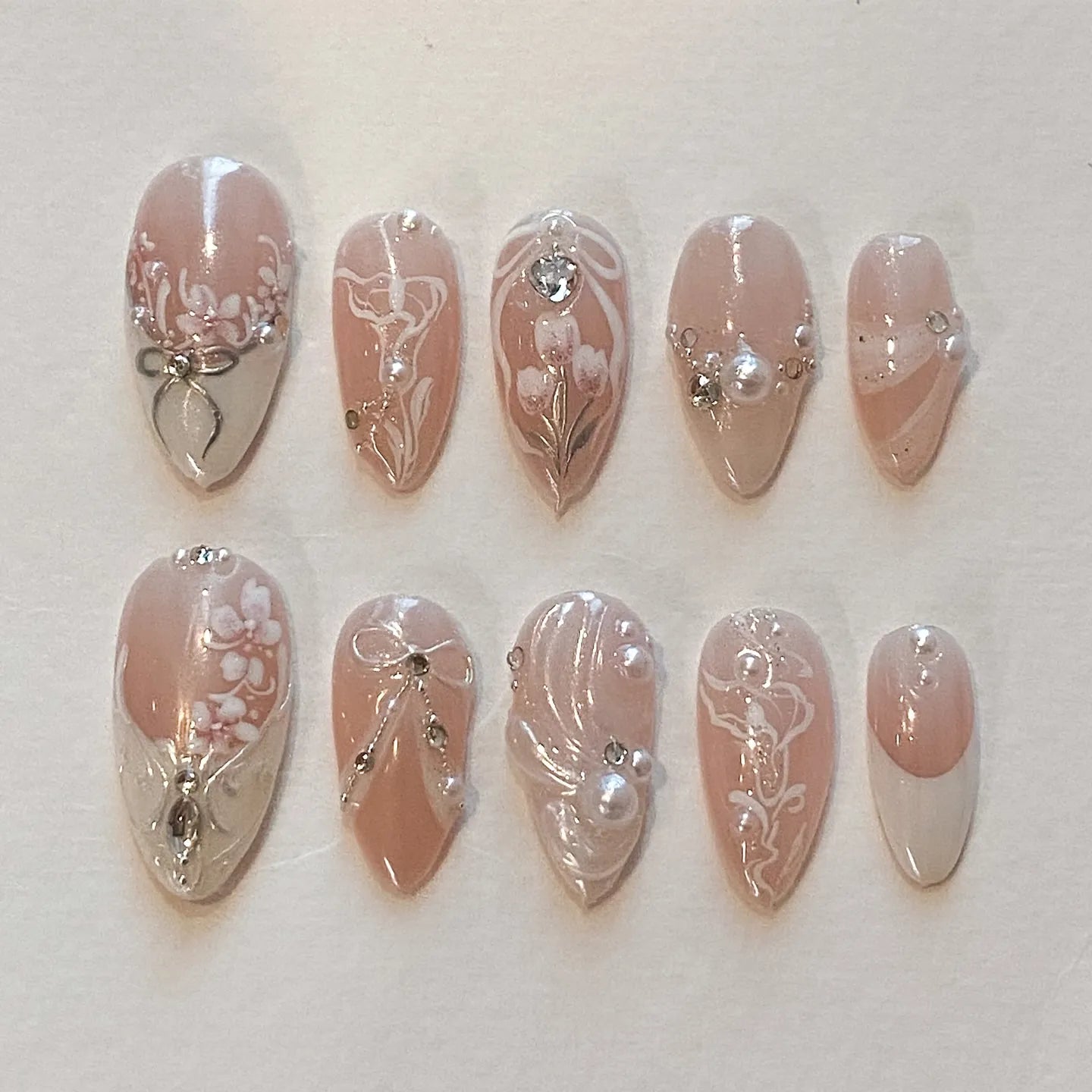 Handmade Nude Pink White French Tulip Pearl Bridal Wedding Press on Nails G57