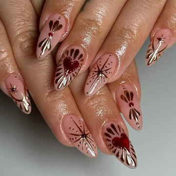 Handmade Nude Red Sacred Heart Gold Chrome Starburst Mystic Press on Nails K53