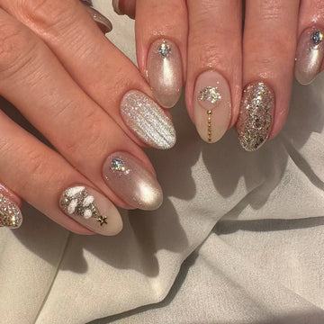 Handmade Nude White Christmas Tree Bling Glitter Jewels Press on Nails D99
