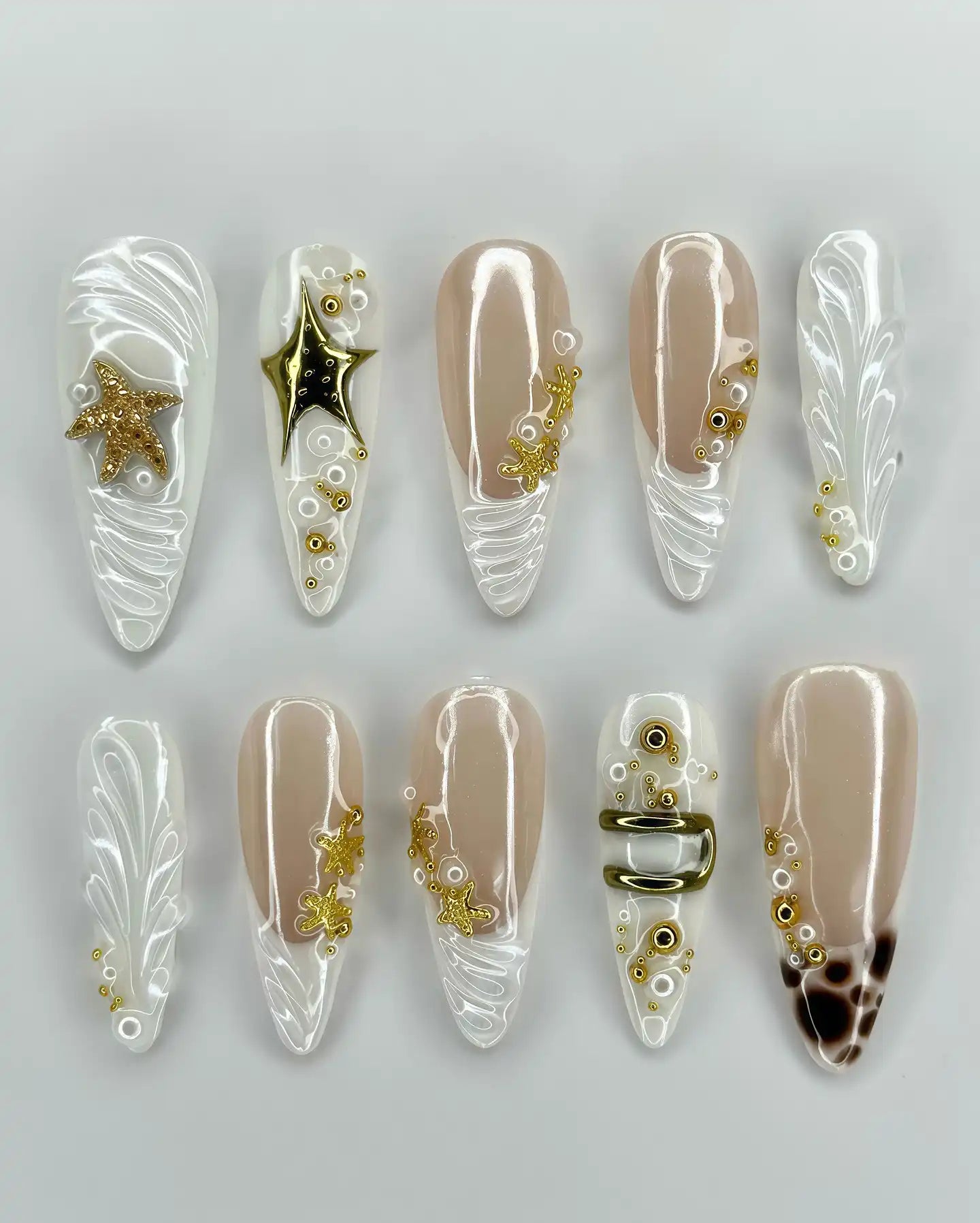 Handmade White Gold Starfish Pearl Beach Summer Reusable Press on Nails R27