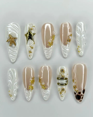 Handmade White Gold Starfish Pearl Beach Summer Reusable Press on Nails R27