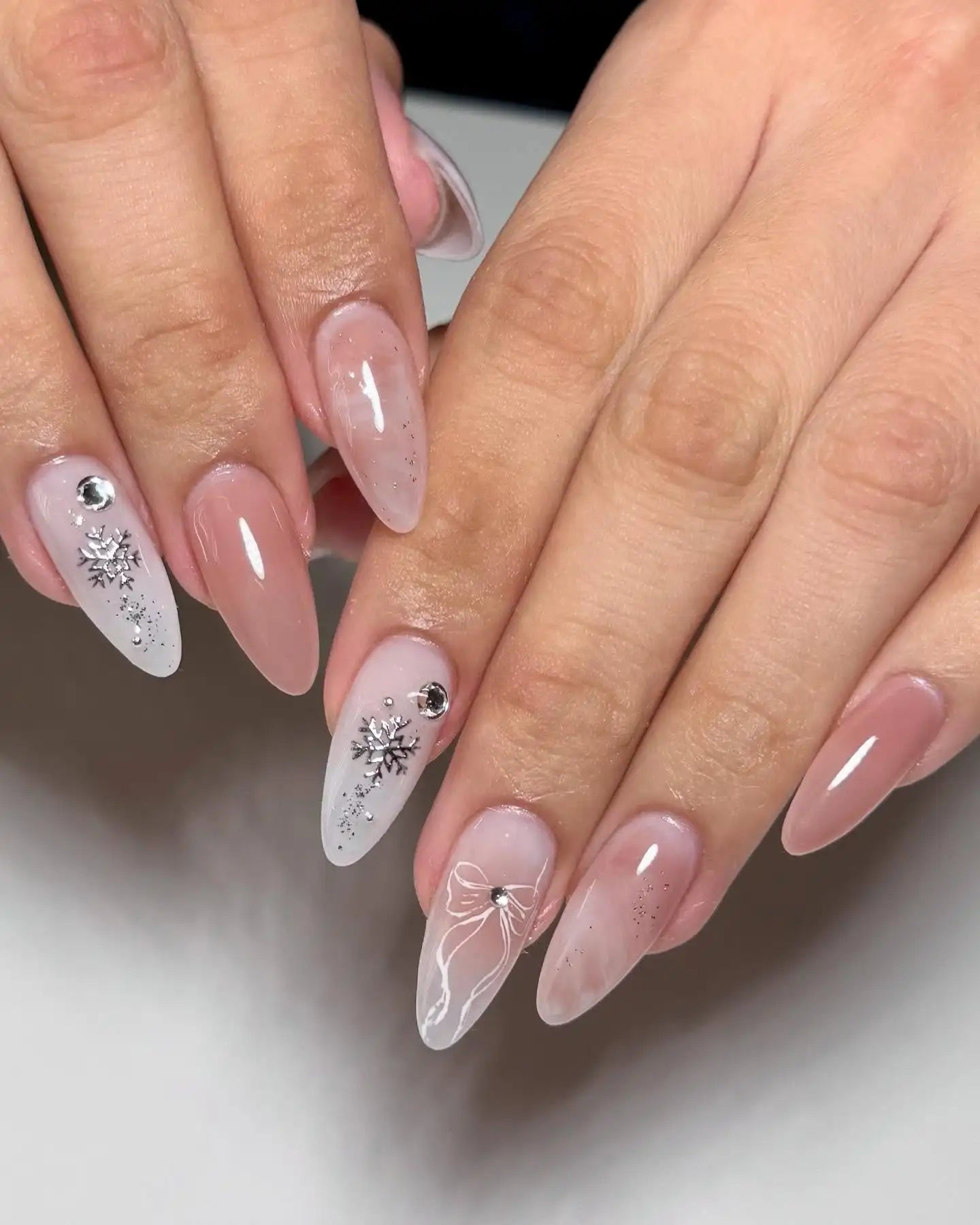 Handmade Nude White Snowflake Silver Bow Winter Elegant Press on Nails F59