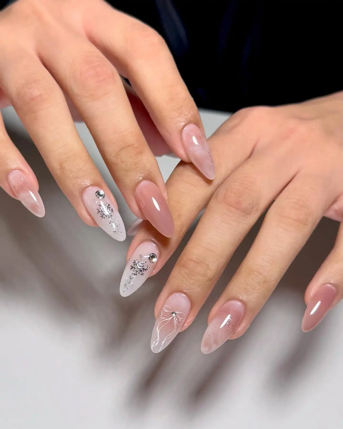 Handmade Nude White Snowflake Silver Bow Winter Elegant Press on Nails F59