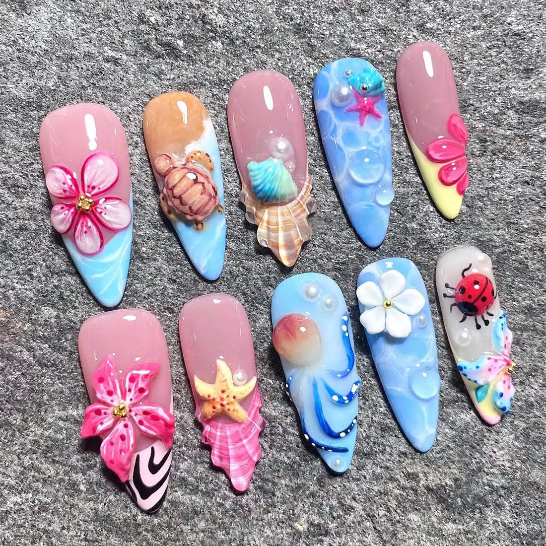 Handmade Ocean 3D Flower Seashell Turtle Mermaid Summer Press on Nails Y51