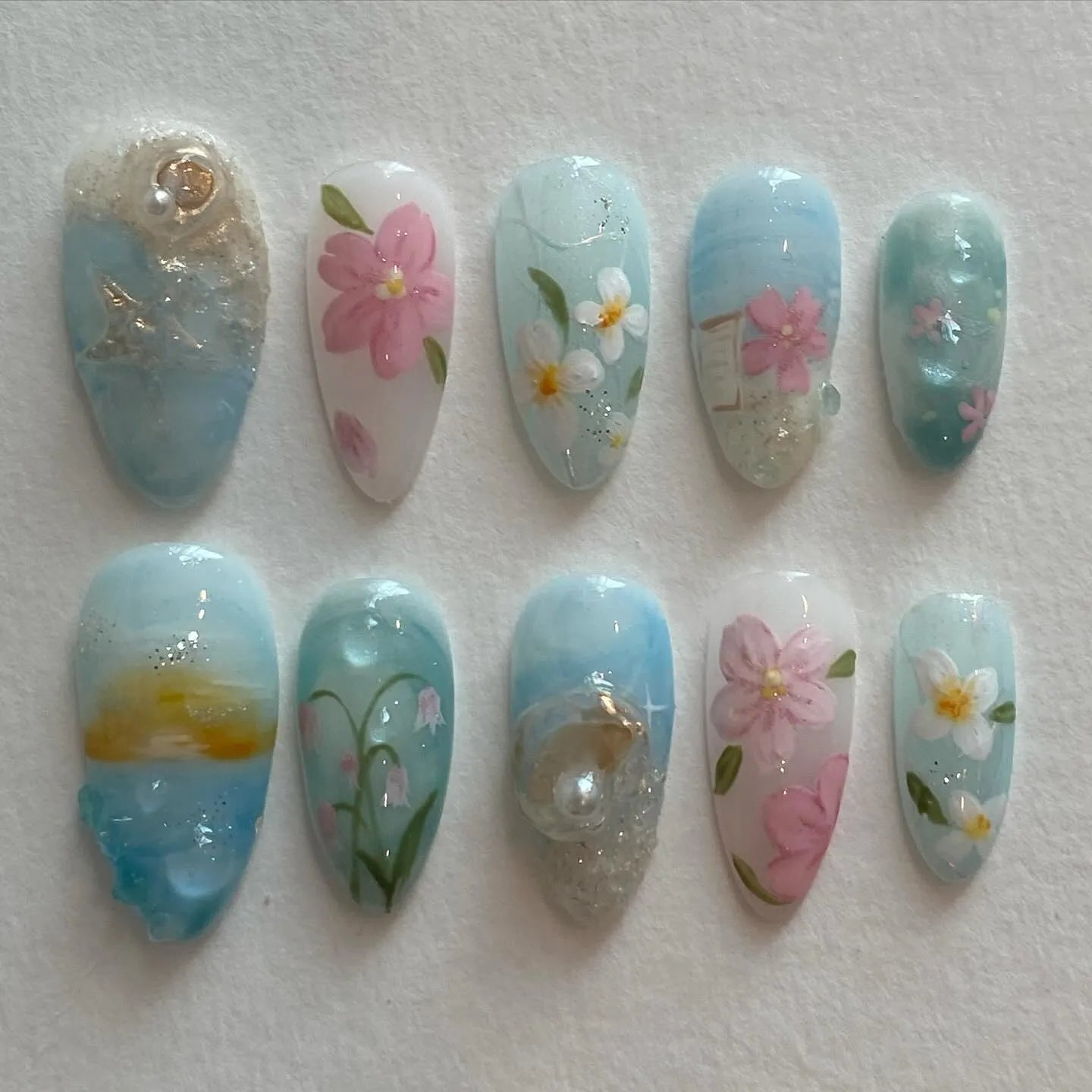Handmade Ocean Beach Floral Blossom Summer Vacation Press on Nails Z45