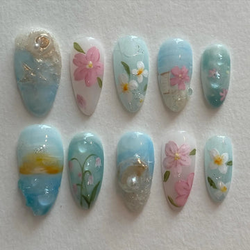 Handmade Ocean Beach Floral Blossom Summer Vacation Press on Nails Z45