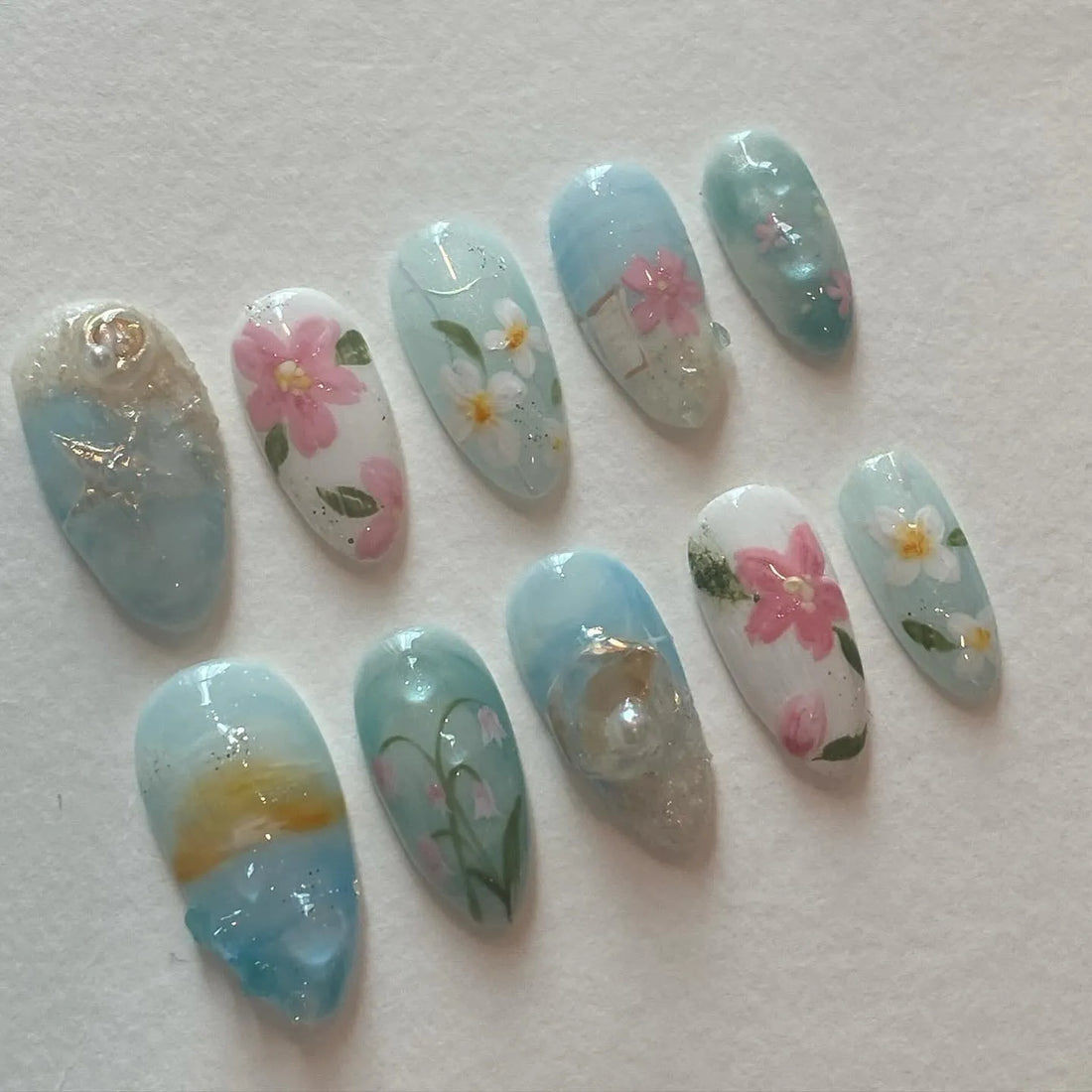 Handmade Ocean Beach Floral Blossom Summer Vacation Press on Nails Z45