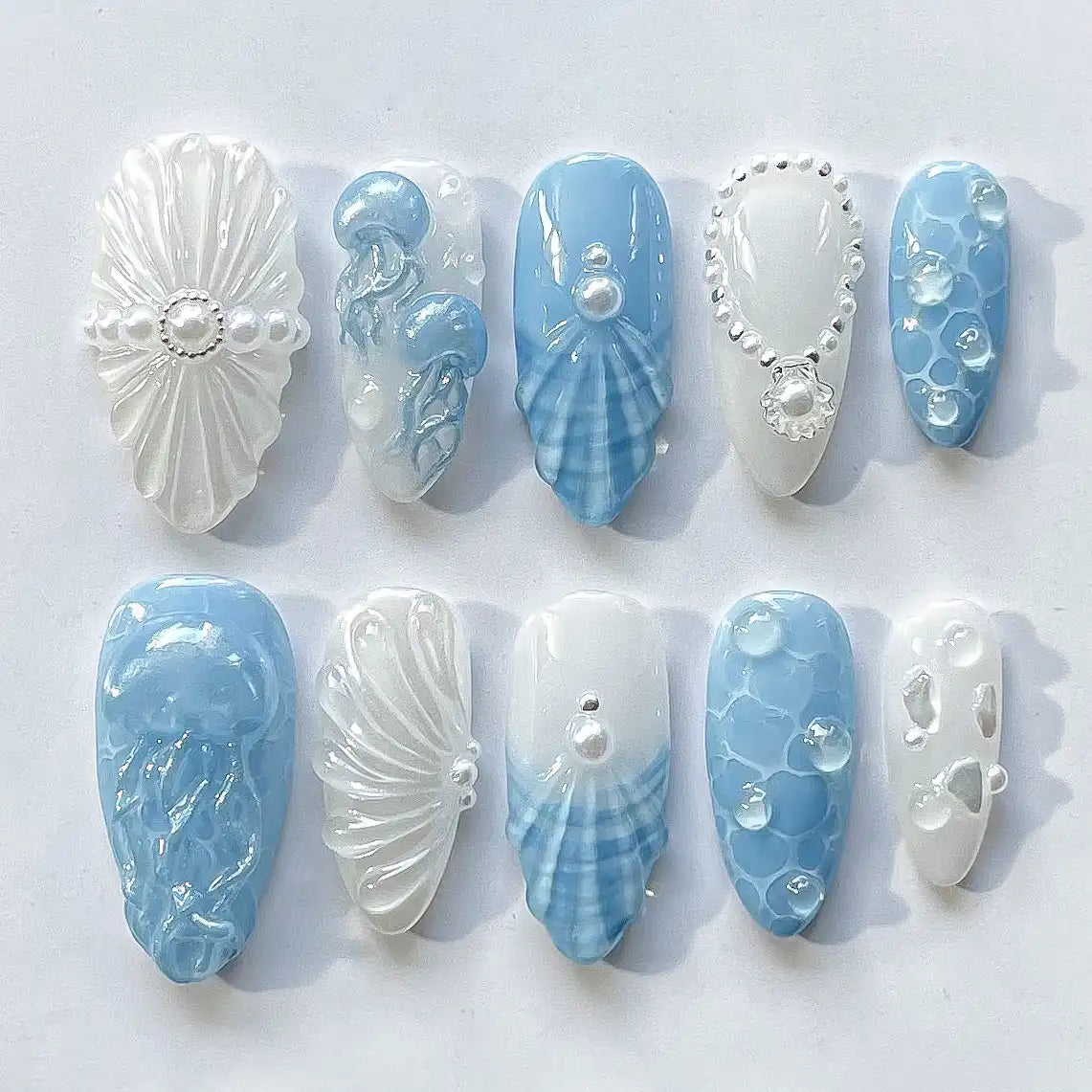 Handmade Ocean Blue Jellyfish Pearl Seashell Art Press on Nails X40