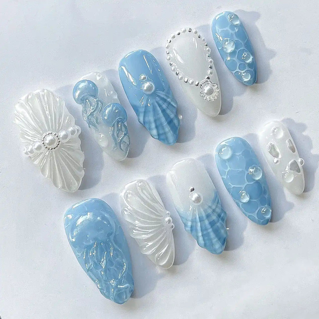 Handmade Ocean Blue Jellyfish Pearl Seashell Art Press on Nails X40